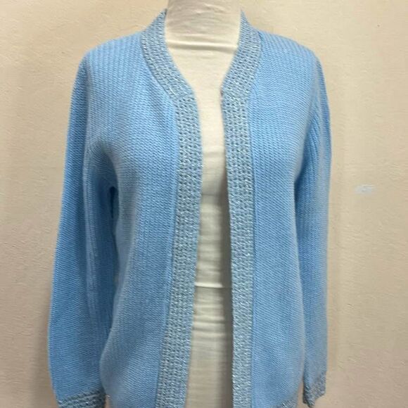 Vintage Sweaters - Vintage 1960's Baby Blue Knit Cardigan with Silver Metallic Accent - M